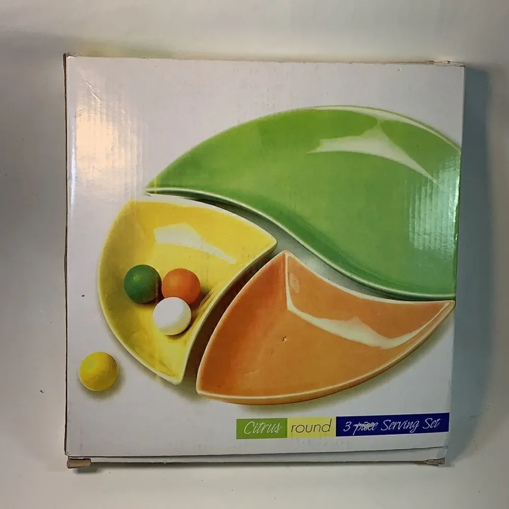 Citrus Round 3 Separate Piece Melamine Serving Set Orange Green Yellow New